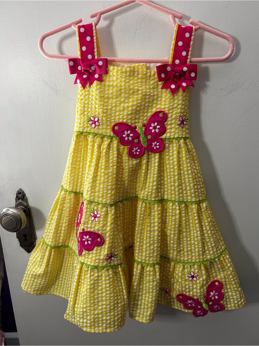 Emily Rose Yellow Seersucker Dress with Pink Butterfly Accents